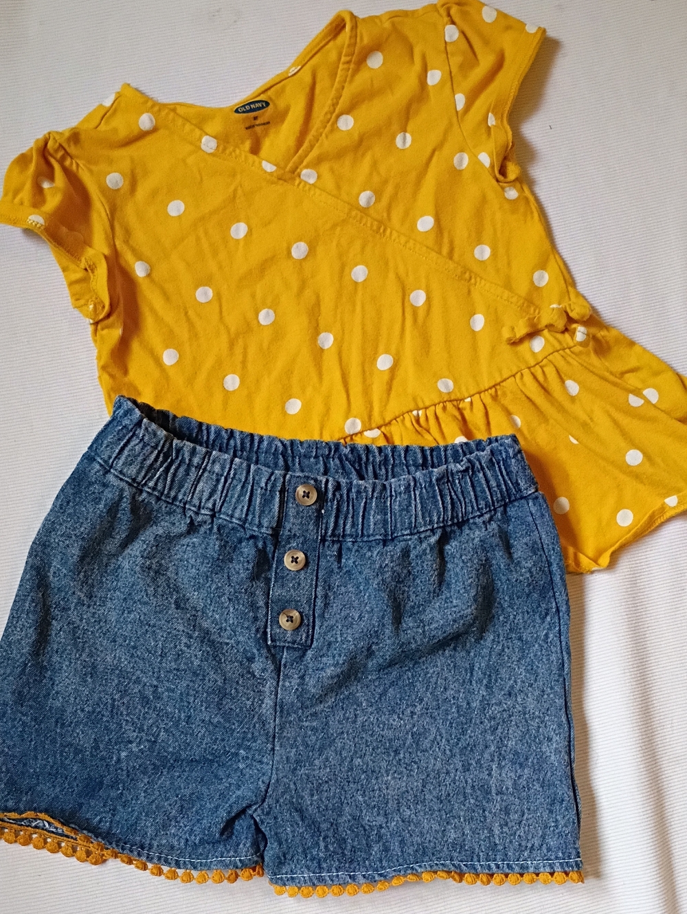 Old Navy Yellow Polka Dot Wrap Top with Denim Shorts